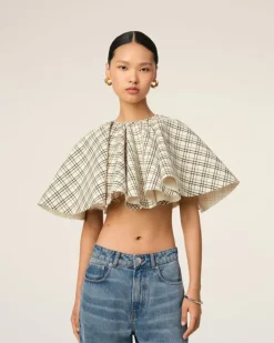 Ami Paris Beige Checked Wool Ruffled Top WHITE CREAM/BLACK Best Sale