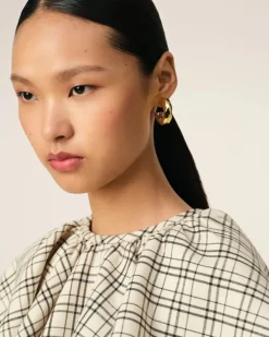 Ami Paris Beige Checked Wool Ruffled Top WHITE CREAM/BLACK Best Sale