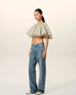 Ami Paris Beige Checked Wool Ruffled Top WHITE CREAM/BLACK Best Sale