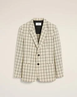 Ami Paris Beige Checked Wool Semi-Lined Jacket WHITE CREAM/BLACK Flash Sale