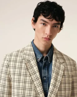 Ami Paris Beige Checked Wool Semi-Lined Jacket WHITE CREAM/BLACK Flash Sale