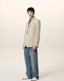 Ami Paris Beige Checked Wool Semi-Lined Jacket WHITE CREAM/BLACK Flash Sale
