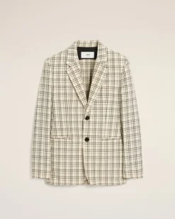 Ami Paris Beige Checked Wool Semi-Lined Jacket WHITE CREAM/BLACK Outlet