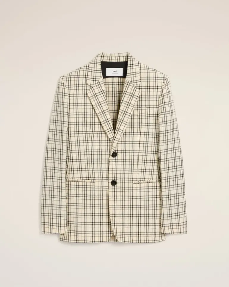 Ami Paris Beige Checked Wool Semi-Lined Jacket WHITE CREAM/BLACK Outlet