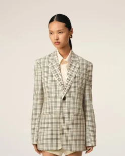 Ami Paris Beige Checked Wool Semi-Lined Jacket WHITE CREAM/BLACK Outlet
