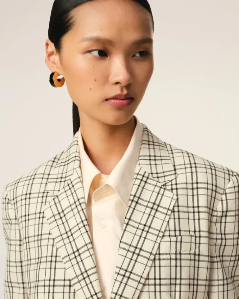 Ami Paris Beige Checked Wool Semi-Lined Jacket WHITE CREAM/BLACK Outlet