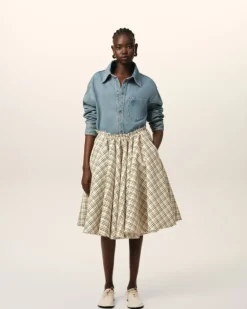 Ami Paris Beige Checked Wool Skirt With Godets WHITE CREAM/BLACK Cheap