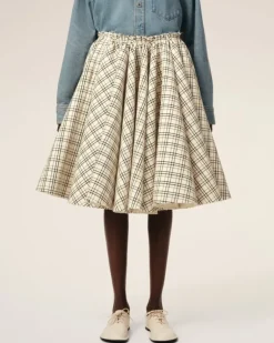 Ami Paris Beige Checked Wool Skirt With Godets WHITE CREAM/BLACK Cheap