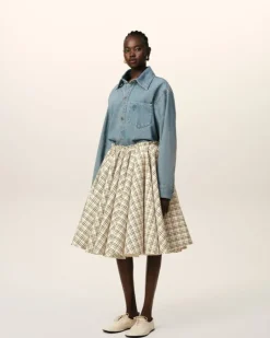 Ami Paris Beige Checked Wool Skirt With Godets WHITE CREAM/BLACK Cheap