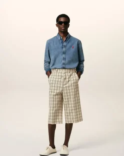 Ami Paris Beige Checked Wool Wide Bermuda WHITE CREAM/BLACK Discount