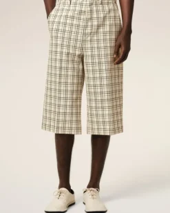 Ami Paris Beige Checked Wool Wide Bermuda WHITE CREAM/BLACK Discount