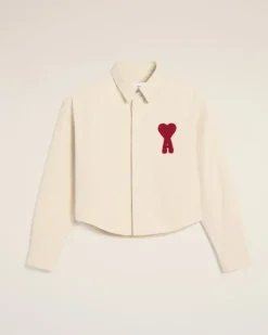 Ami Paris Beige Cotton Ami de Coeur Cropped Shirt WHITE CREAM Flash Sale