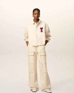Ami Paris Beige Cotton Ami de Coeur Cropped Shirt WHITE CREAM Flash Sale