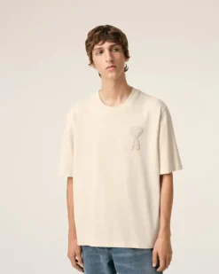 Ami Paris Beige Cotton Ami de Coeur Patch T-Shirt WHITE CREAM Flash Sale
