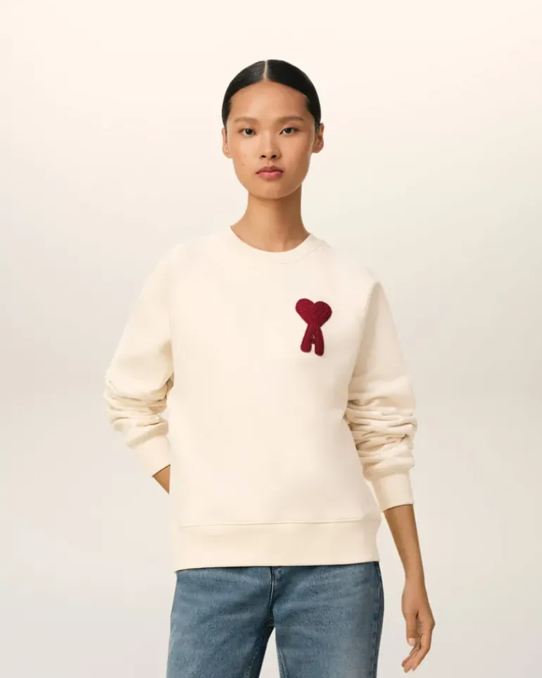 Ami Paris Beige Cotton Ami de Coeur Patch Sweatshirt WHITE CREAM Cheap