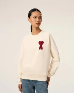 Ami Paris Beige Cotton Ami de Coeur Patch Sweatshirt WHITE CREAM Cheap