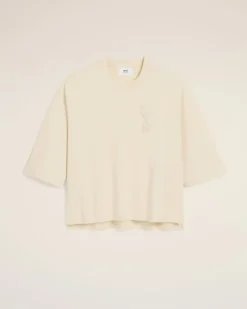 Ami Paris Beige Cotton Ami de Coeur Patch T-Shirt WHITE CREAM Shop