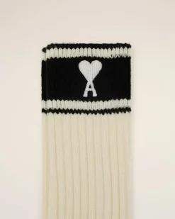 Ami Paris Beige Cotton Ami de Coeur Striped Socks WHITE CREAM/BLACK Sale