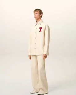 Ami Paris Beige Cotton Ami de Coeur Overshirt WHITE CREAM Best Sale