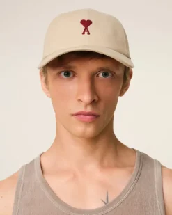 Ami Paris Beige Cotton Ami de Coeur Embroidery Cap GINGER Best Sale