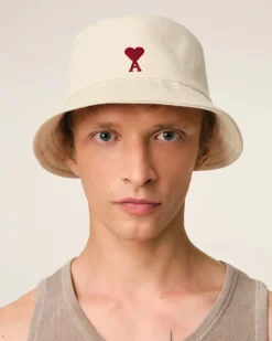 Ami Paris Beige Cotton Ami de Coeur Embroidery Bucket Hat WHITE CREAM Shop