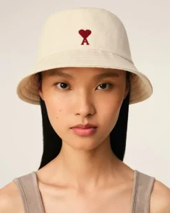 Ami Paris Beige Cotton Ami de Coeur Embroidery Bucket Hat WHITE CREAM Shop