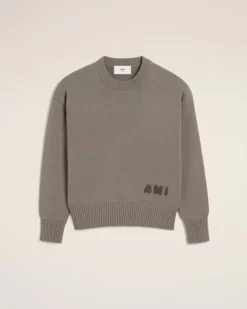 Ami Paris Beige Cotton Ami Embroidered Crewneck Sweater ASH Clearance