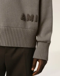 Ami Paris Beige Cotton Ami Embroidered Crewneck Sweater ASH Clearance