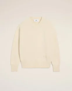 Ami Paris Beige Cotton Ami Embroidered Crewneck Sweater WHITE CREAM Online