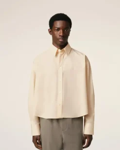 Ami Paris Beige Cotton Cropped Oversized Shirt WHITE CREAM Cheap