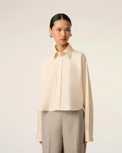 Ami Paris Beige Cotton Cropped Oversized Shirt WHITE CREAM Cheap
