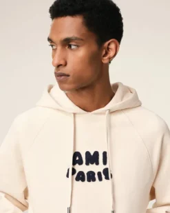 Ami Paris Beige Cotton Hoodie With Patch WHITE CREAM Best