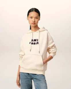 Ami Paris Beige Cotton Hoodie With Patch WHITE CREAM Best