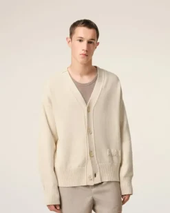 Ami Paris Beige Cotton Wool Ami Embroidered Cardigan WHITE CREAM Outlet