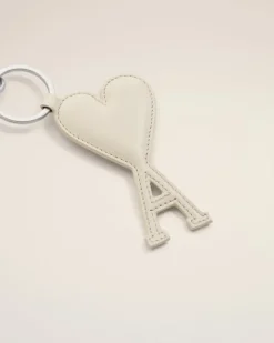 Ami Paris Beige Leather Ami de Coeur Keyring WHITE CREAM Fashion