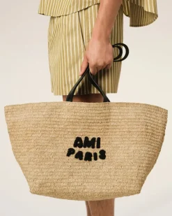 Ami Paris Beige Leather Rafia Tote Bag NATURAL Flash Sale