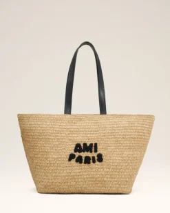 Ami Paris Beige Leather Rafia Tote Bag NATURAL Flash Sale