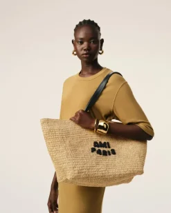 Ami Paris Beige Leather Rafia Tote Bag NATURAL Flash Sale