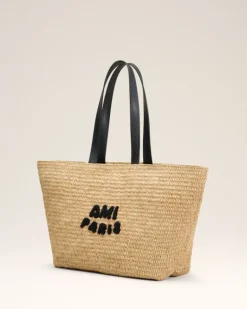 Ami Paris Beige Leather Rafia Tote Bag NATURAL Flash Sale