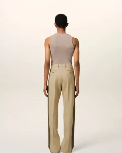 Ami Paris Beige Wool Contrasted Band Straight Trousers SAND/BLACK OLIVE Sale