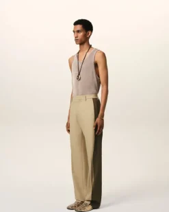 Ami Paris Beige Wool Contrasted Band Straight Trousers SAND/BLACK OLIVE Sale