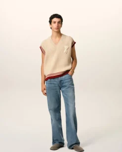 Ami Paris Beige Wool Ribbed Sleeveless V Neck Sweater WHITE CREAM Flash Sale