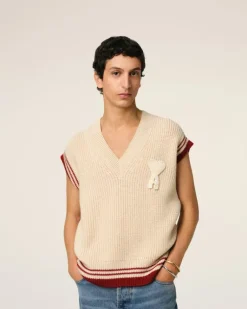 Ami Paris Beige Wool Ribbed Sleeveless V Neck Sweater WHITE CREAM Flash Sale