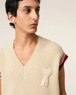 Ami Paris Beige Wool Ribbed Sleeveless V Neck Sweater WHITE CREAM Flash Sale