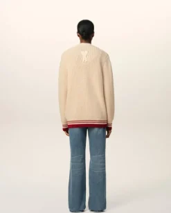 Ami Paris Beige Wool Ribbed Sweater WHITE CREAM Clearance