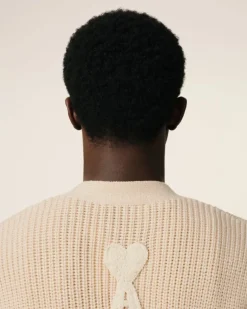 Ami Paris Beige Wool Ribbed Sweater WHITE CREAM Clearance