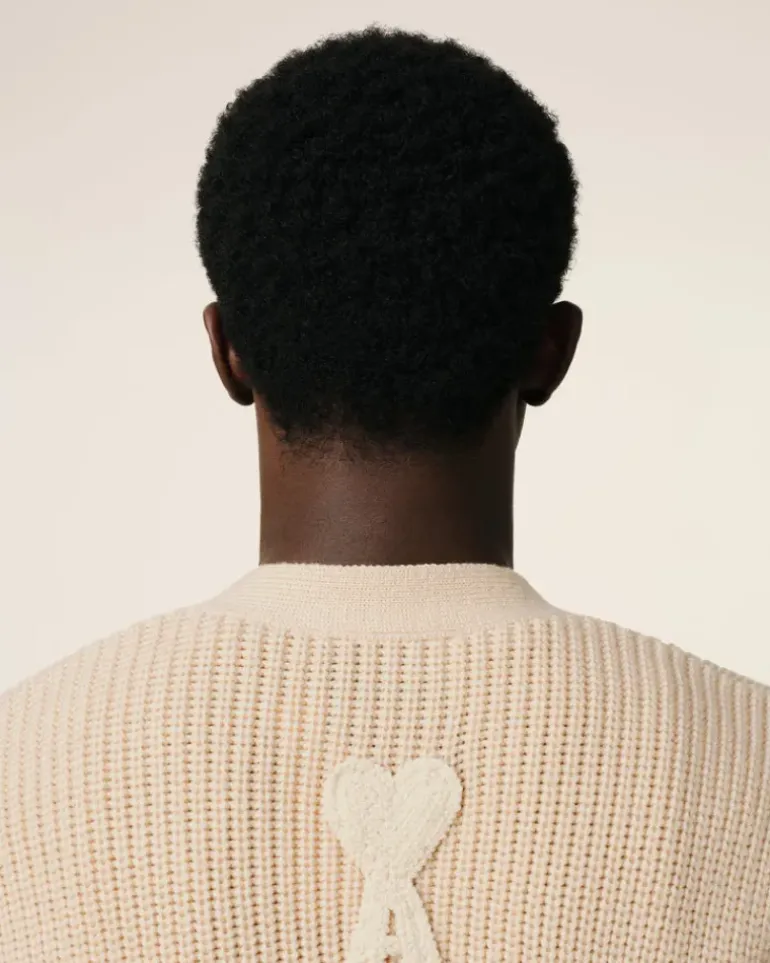 Ami Paris Beige Wool Ribbed Sweater WHITE CREAM Clearance