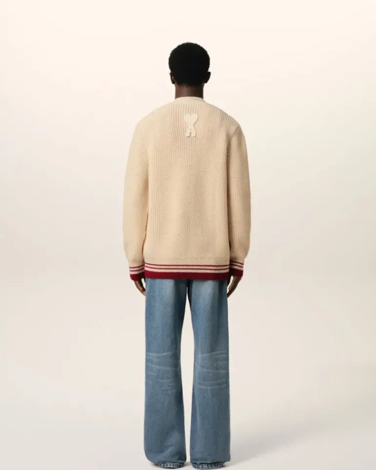 Ami Paris Beige Wool Ribbed Sweater WHITE CREAM Clearance