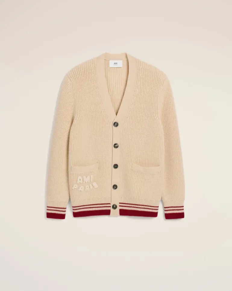 Ami Paris Beige Wool Ribbed Sweater WHITE CREAM Clearance