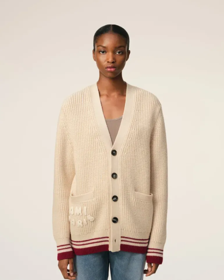 Ami Paris Beige Wool Ribbed Sweater WHITE CREAM Clearance